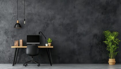 Modern home office setup featuring a desk, computer, and decorative plants.