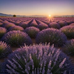 Obraz premium A lavender field at sunrise with a bright, cloudless sky.