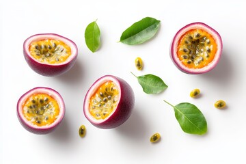 Passion fruit halves with seeds and leaves on a white background.