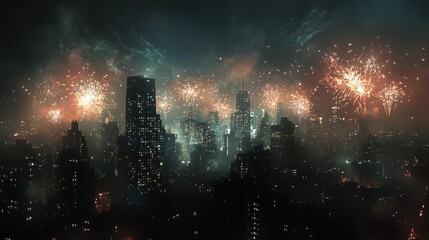 Fototapeta premium New year's eve scene in the city with skyscrapers at dark sky
