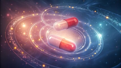 Enchanted Vitamins - Glowing Capsules Floating in a Magical Vortex Surrounded by Sparkling Energy Particles