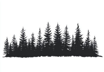 Silhouetted pine trees against a white background.