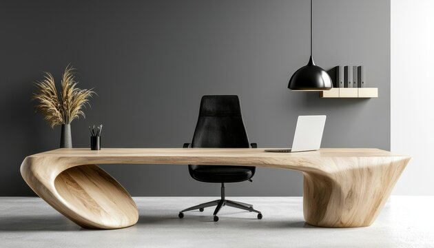 Stylish wooden desk with black chair and modern decor in a minimalistic office space.