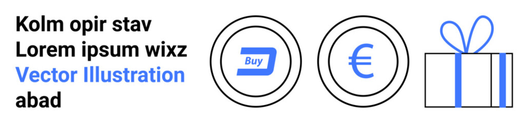 Buy button, Euro symbol, and gift box icons used to represent financial transactions, currency exchange, eCommerce, shopping, customer rewards, digital markets gifting. Ideal for financial apps