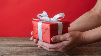 A photo of a pair of hands gently holding a red gift box with a white ribbon against a vibrant red background. The gift box is wrapped with red paper and ai generated