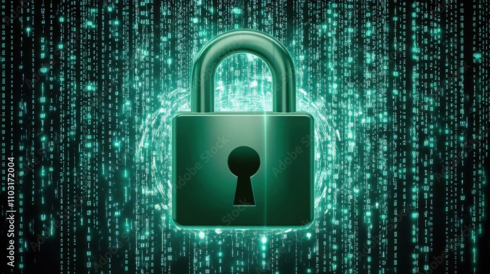 Poster digital security lock with matrix background and glowing effects