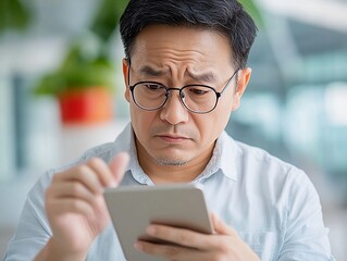 senior asian man holding eyeglasses having problem with vision problem trying to read text on mobile phone
