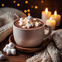 A mug of hot chocolate with marshmallows on a wooden table