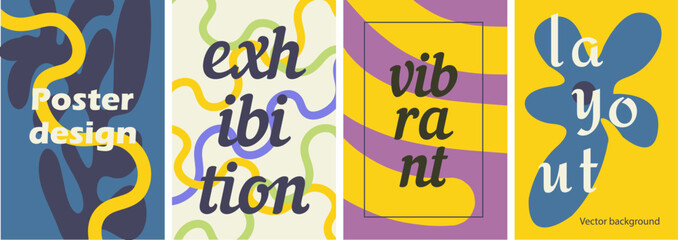 Modern poster designs with abstract shapes, vibrant colors, and bold typography arranged in creative layouts. Vector.