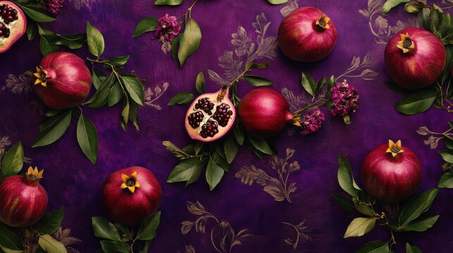 Lively pomegranates showcased on a deep purple background surrounded by elegant embellishments to emphasize their rich color and inviting a sense of opulence