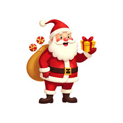 Fototapeta premium cartoon drawn Santa Claus with gift box isolated on transparent background. Santa png. Christmas. New year