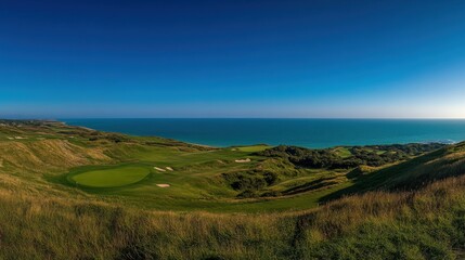 Obraz premium Scenic Golf Course Overlooking Ocean with Blue Sky and Green Grass