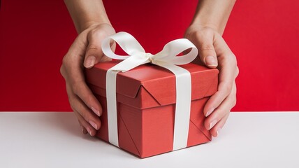 A photo of a pair of hands gently holding a red gift box with a white ribbon against a vibrant red background. The gift box is wrapped with red paper and ai generated