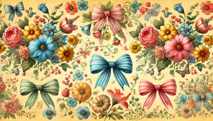  金色背景の水彩風花とリボンのパターン