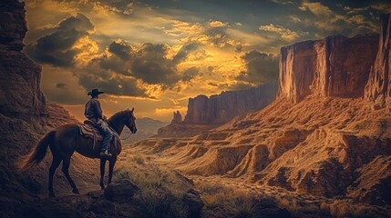 Naklejka premium Elegant western scene of a cowboy riding a horse through a rugged desert canyon