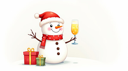 Cheerful snowman with champagne and gifts on whire background, copy space. Festive illustration of a snowman celebrating Christmas. Perfect for holiday cards and New Year promotions.