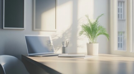 Sunlit Workspace Minimalist Illustration Laptop, Plant, Desk