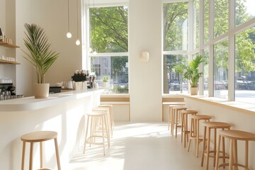 Obraz premium Minimalist cafe interior with wooden stools and large windows.