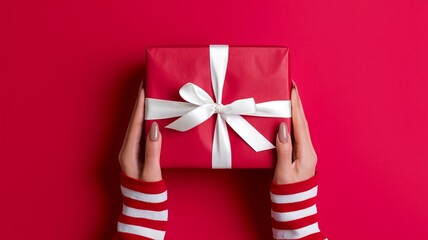 A photo of a pair of hands gently holding a red gift box with a white ribbon against a vibrant red background. The gift box is wrapped with red paper and ai generated