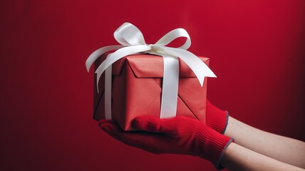 A photo of a pair of hands gently holding a red gift box with a white ribbon against a vibrant red background. The gift box is wrapped with red paper and ai generated