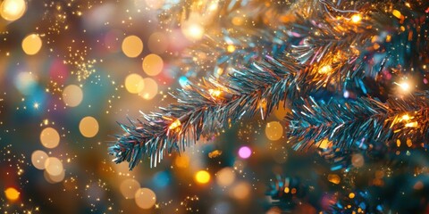 Close-up of shiny tinsel draped around a Christmas tree branch, reflecting multi-colored lights, with a festive bokeh background creating a warm holiday ambiance.