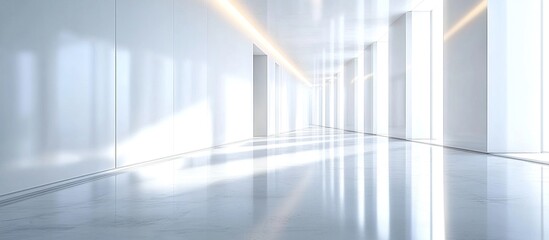 A modern, minimalist hallway with bright lighting and a polished floor.