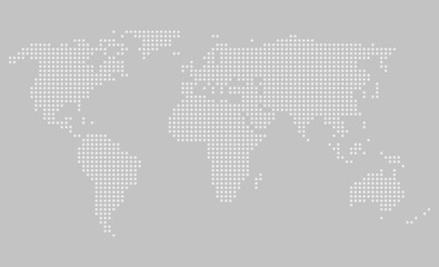 Stark vereinfachte Weltkarte aus weissen Punkten auf hellgrau
