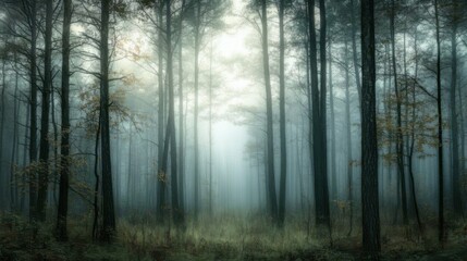 Obraz premium Mystical foggy forest with tall, dense trees and soft sunlight filtering through