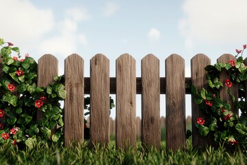 A wooden fence adorned with vibrant flowers and greenery, set against a clear blue sky, creating a serene outdoor scene.