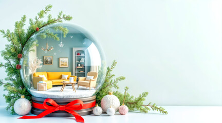 Dream home for Christmas. Cozy miniature living room in a snow globe as a symbol of a new home gift. Perfect for real estate and mortgage advertising.