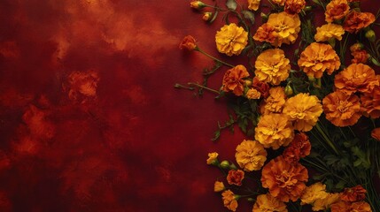 Beautiful bouquet of marigold flowers on a deep red background
