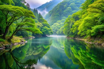 Naklejka premium Surreal Scenic View of Shimanto River in Shikoku, Japan - Lush Greenery and Tranquil Waterscape