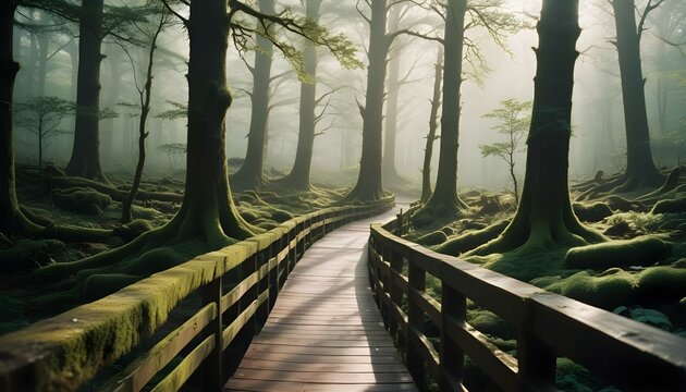 Una pasarela de madera que atraviesa un bosque verde y exuberante con &aacute;rboles altos y follaje denso a ambos lados, con la luz del sol filtr&aacute;ndose a trav&eacute;s del dosel