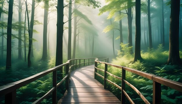 Una pasarela de madera que atraviesa un bosque verde y exuberante con &aacute;rboles altos y follaje denso a ambos lados, con la luz del sol filtr&aacute;ndose a trav&eacute;s del dosel