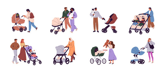 Families with strollers set. Happy parents walk with baby, push carriage. Mother strolls twins in tandem buggy. Moms and fathers with kids in pram outdoors. Flat isolated vector illustrations on white