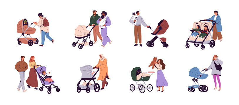Families with strollers set. Happy parents walk with baby, push carriage. Mother strolls twins in tandem buggy. Moms and fathers with kids in pram outdoors. Flat isolated vector illustrations on white