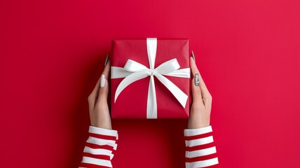 A photo of a pair of hands gently holding a red gift box with a white ribbon against a vibrant red background. The gift box is wrapped with red paper and ai generated
