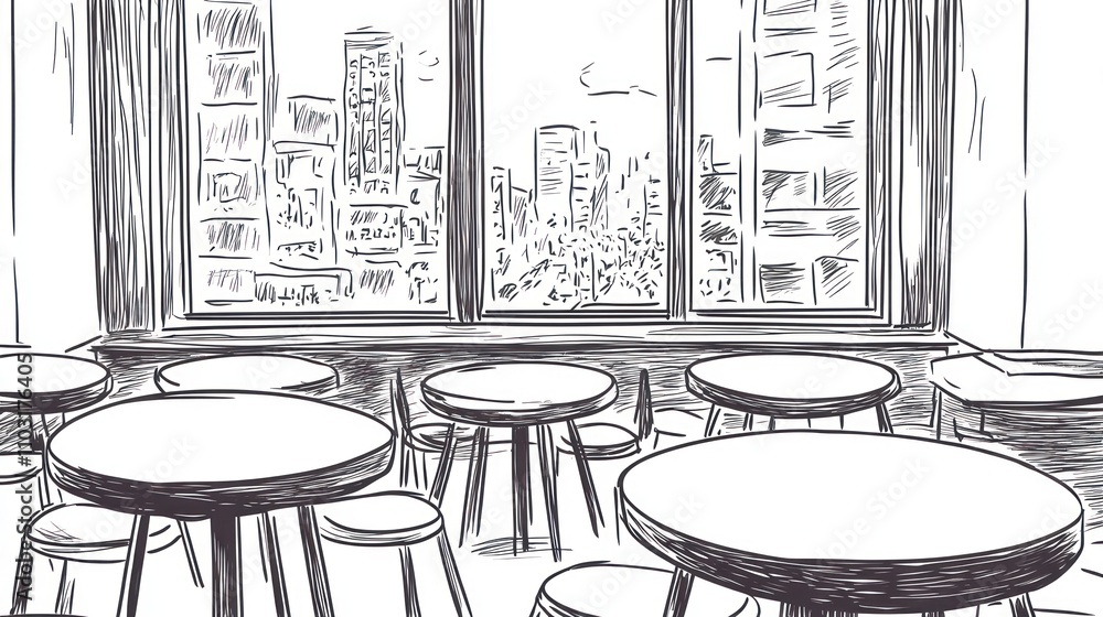 Poster a sketch of a caf? interior with tables and a city skyline view through large windows.