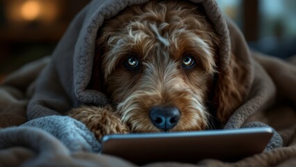 Labradoodle virtual vet visit via tilt-shift video call.