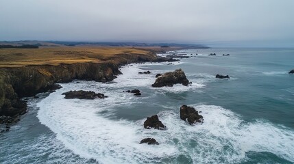 Dramatic Coastal Landscape with Crashing Waves and Rocky Cliffs
