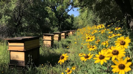 Beehives in a Field of Yellow Flowers