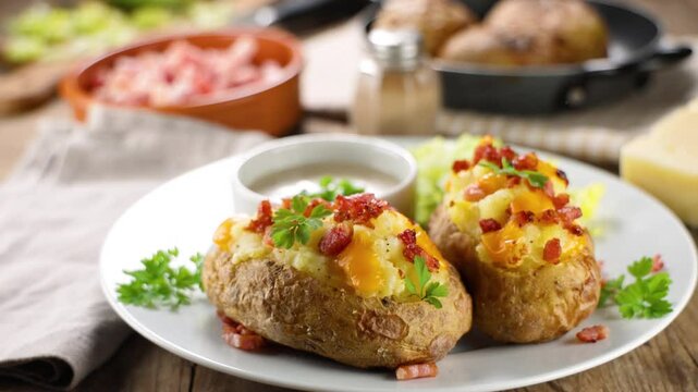 baked potatoes filled with cheddar cheese and bacon