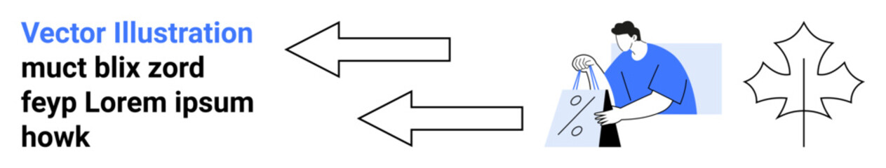 Man holding shopping bag, two arrows pointing right and left, maple leaf icon. Ideal for online shopping, e-commerce, delivery services, customer feedback, logistics, process flow and seasonal