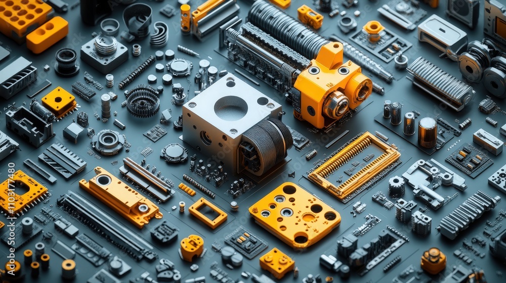 Poster a high-resolution top-down view of an assorted collection of industrial mechanical parts and compone