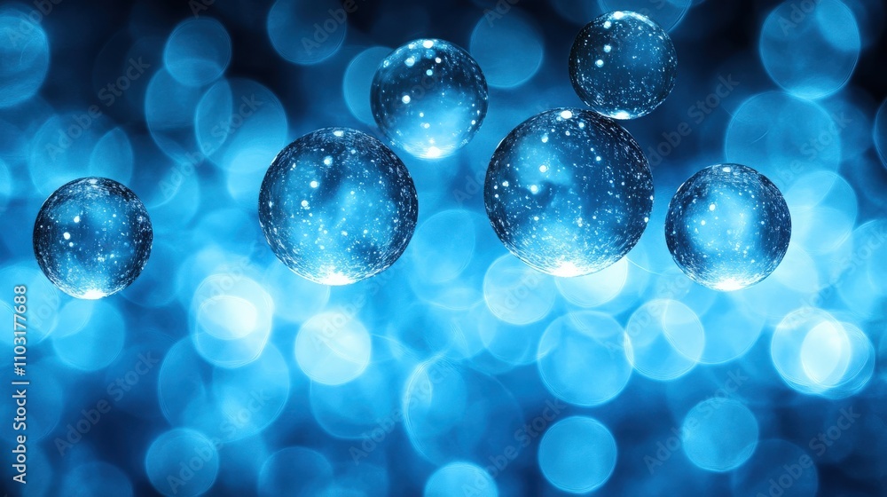 Poster bubbles floating in a vibrant blue background with a beautiful bokeh effect creating a dreamy and et