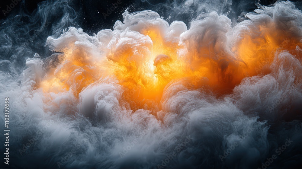 Poster dramatic explosion of colorful smoke and clouds erupting in a dark background with fiery orange and 