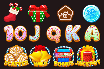 Set of 12 slot symbols Christmas theme. Christmas or winter game slot icon, casino badge set, web UI x-mas design element kit for your slot game. Bonus, Wild, Jackpot and Scatter icons