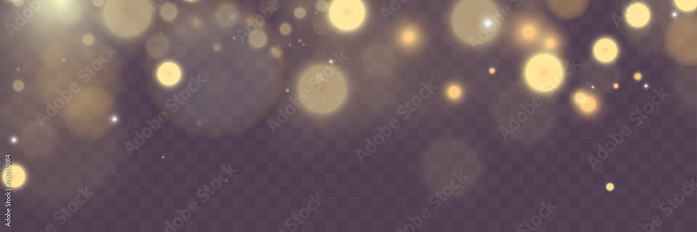 Poster blurred golden light orbs with soft glow effects on a transparent dark background, suitable for fest
