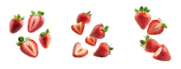 Set of strawberries slice and floating in the air isolated on white background