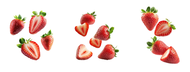 Set of strawberries slice and floating in the air isolated on white background